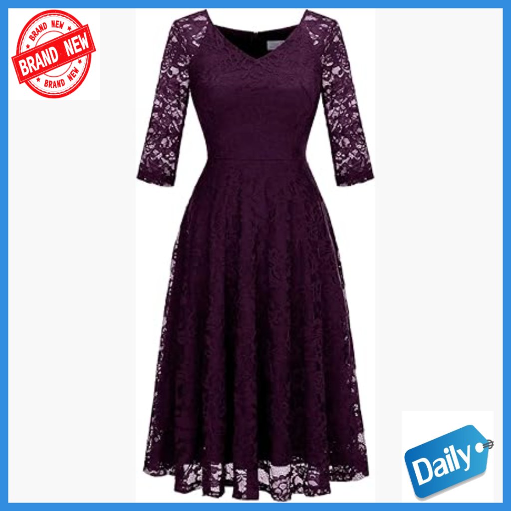 Long Sleeve Lace Midi Dress A-Line V-Neck Formal Wedding Guest Cocktail
